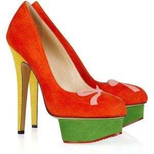 Charlotte Olympia Arabella Color-Block Suede Bow-Toe Pump Heels Red Yellow Sz 37